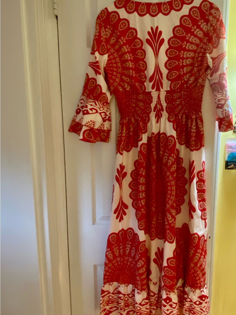 Red and White Patterned V-Neck Women's Dress - Picture 7 of 8